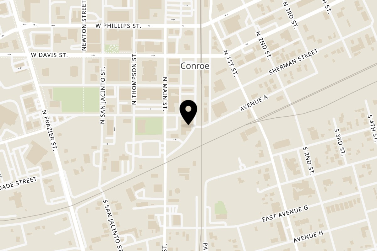 Map showing the location of Pacific Yard House Conroe Downtown on 101 Metcalf St in Conroe
